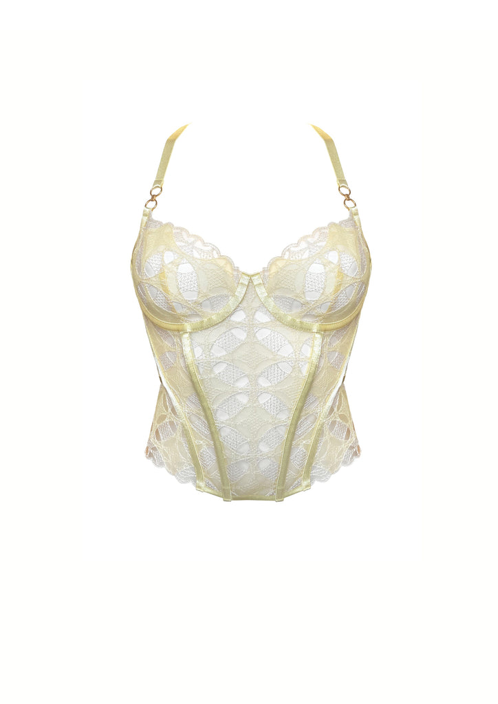 For Love & Lemons Yellow/White Lace Embroidered Corset Bra Size S