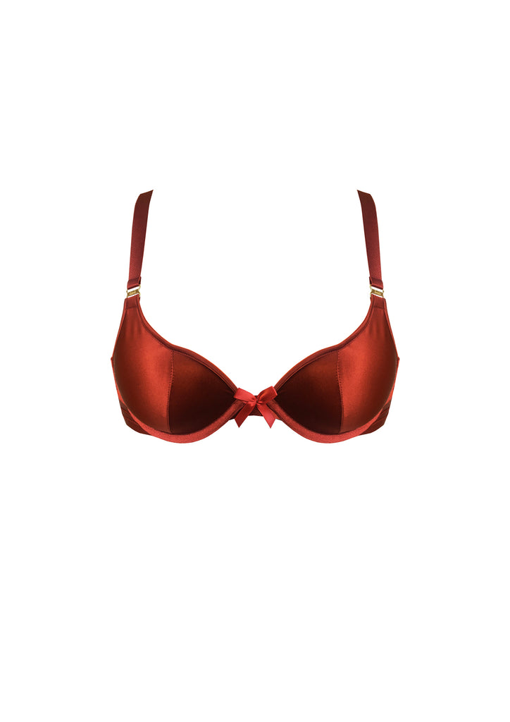 Bordelle Signature Wired Silk Satin Classic Push-Up Bra Adjustable Back  Burnt Red